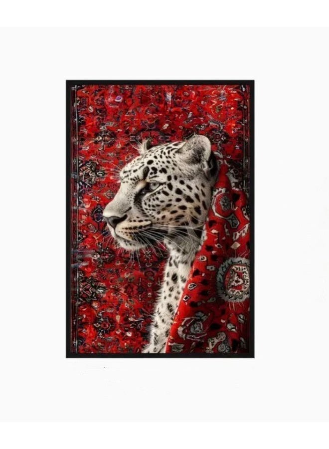 Luxury Leopard Wall Art Frame – Majestic Leopard on Red Persian Carpet Background | Premium Framed Canvas | 60 × 40 cm (Vertical) - Image 1